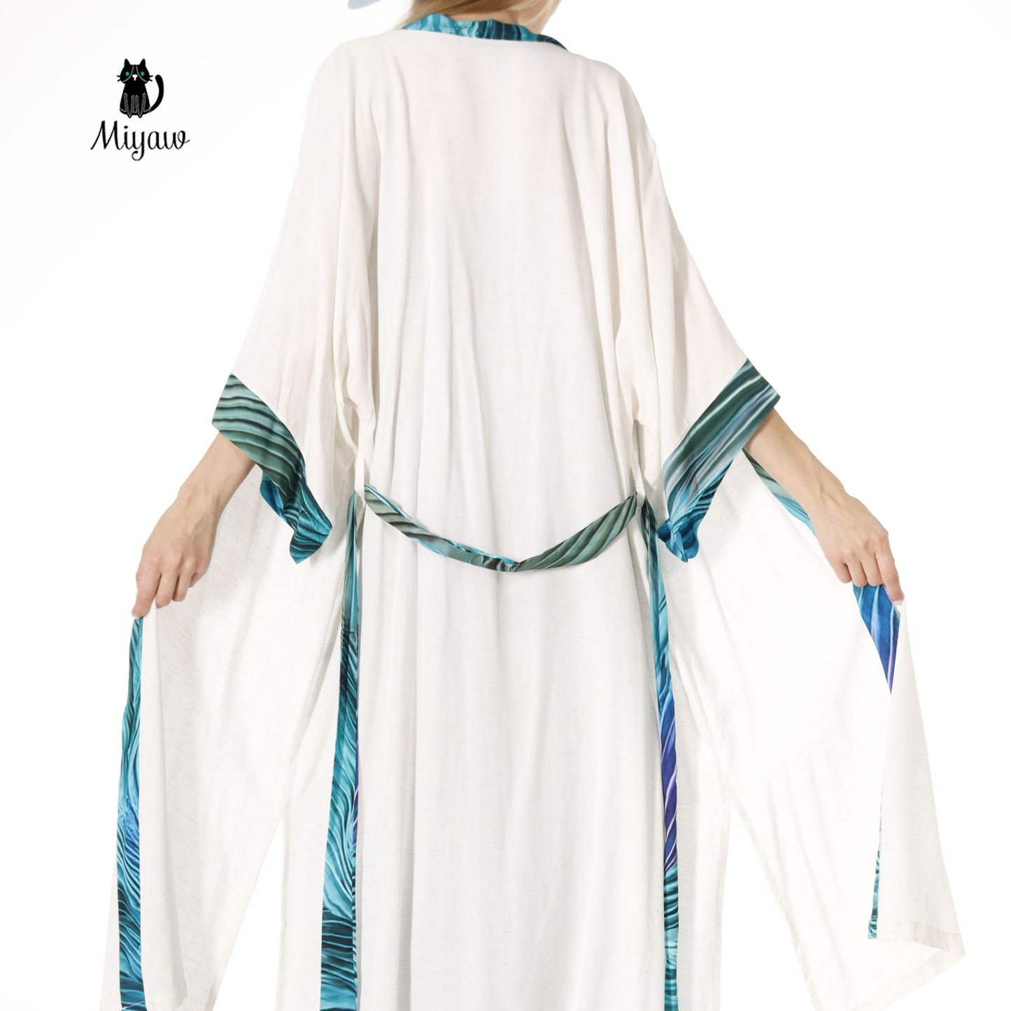 Resort Linen Cover Up, Linen Kimono Robe with blue belt Miyawfashion