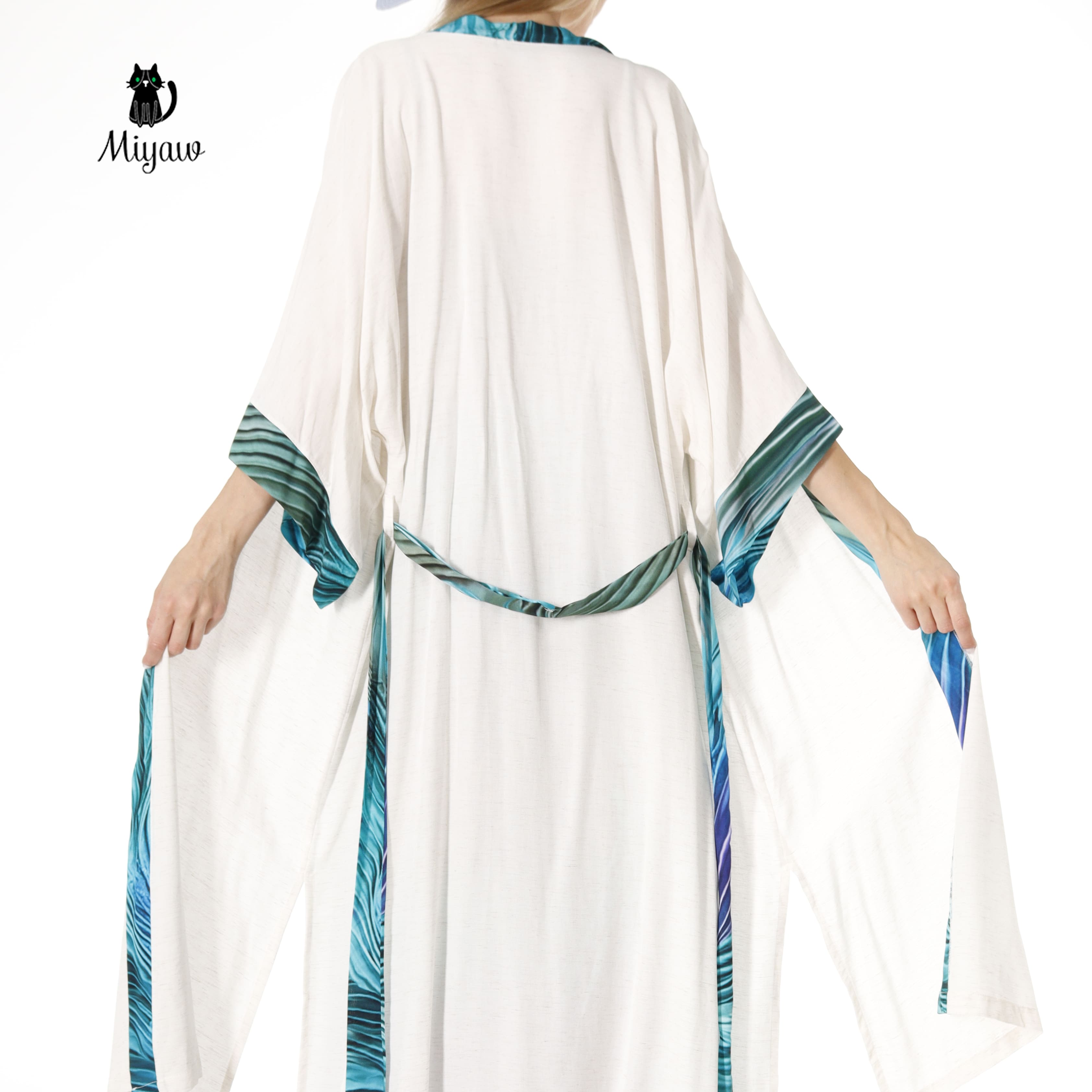 Resort Linen Cover Up, Linen Kimono Robe with blue belt