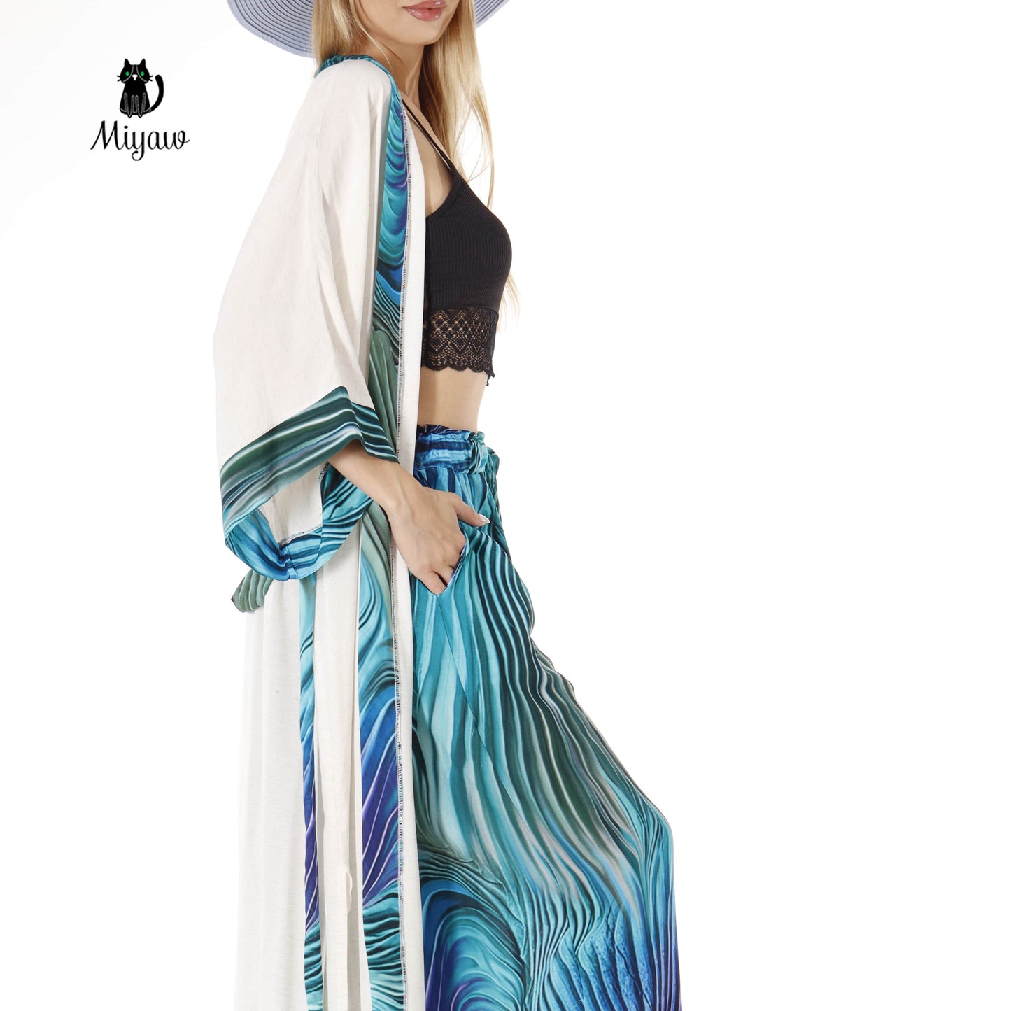 Resort Linen Cover Up, Linen Kimono Robe with blue belt Miyawfashion