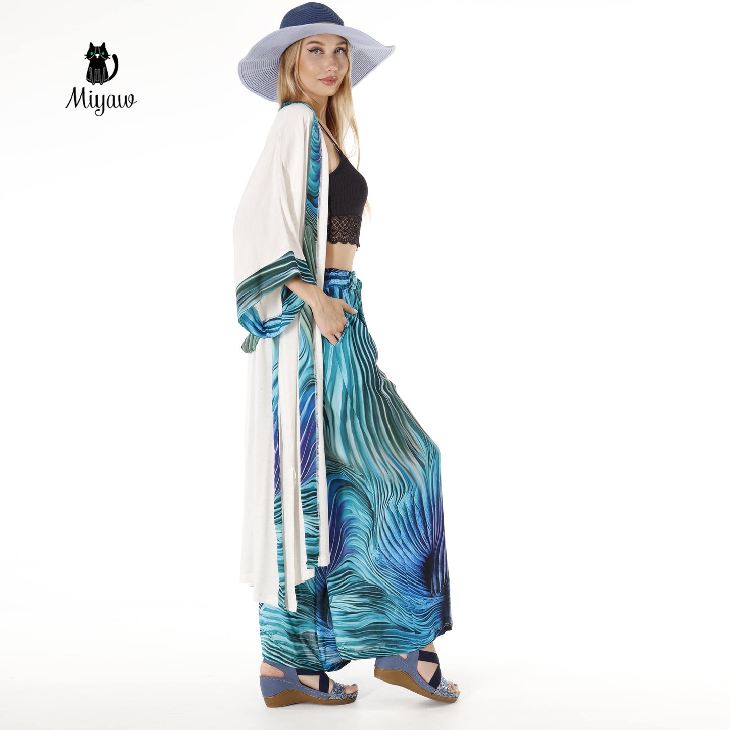 Resort Linen Cover Up, Linen Kimono Robe with blue belt Miyawfashion