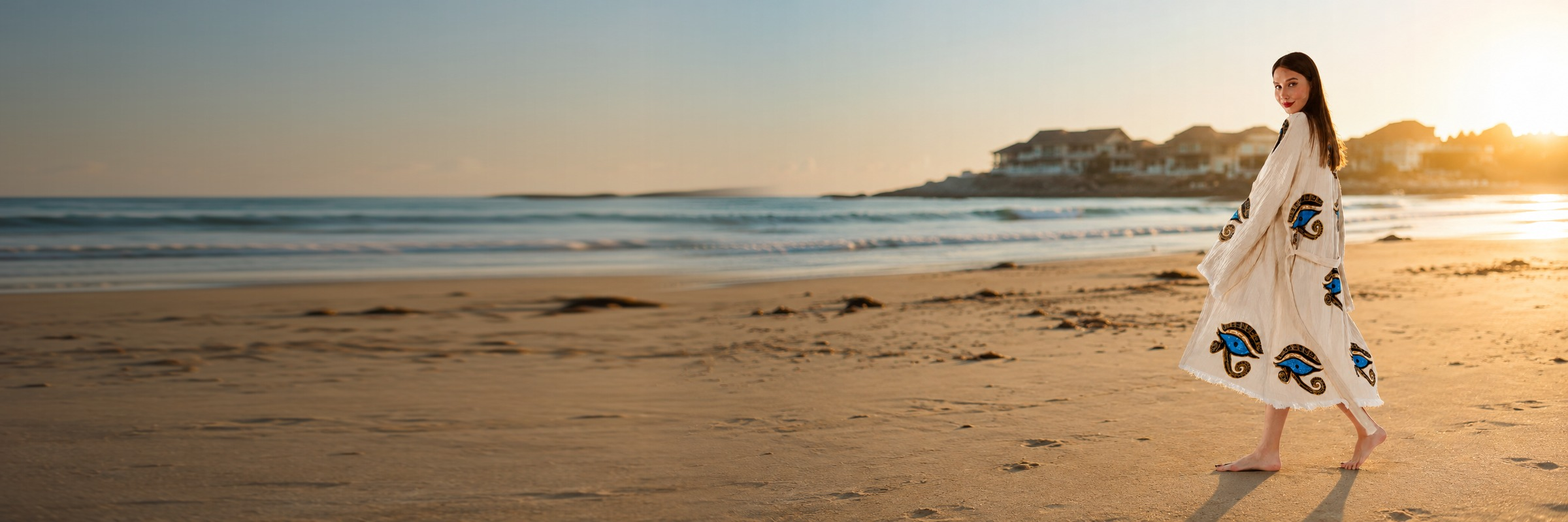 Woman wearing a handcrafted cotton Evil Eye kimono robe on a beach at golden hour