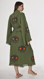 Boho Chic Green Organic Cotton Robe with Evil Eye Print