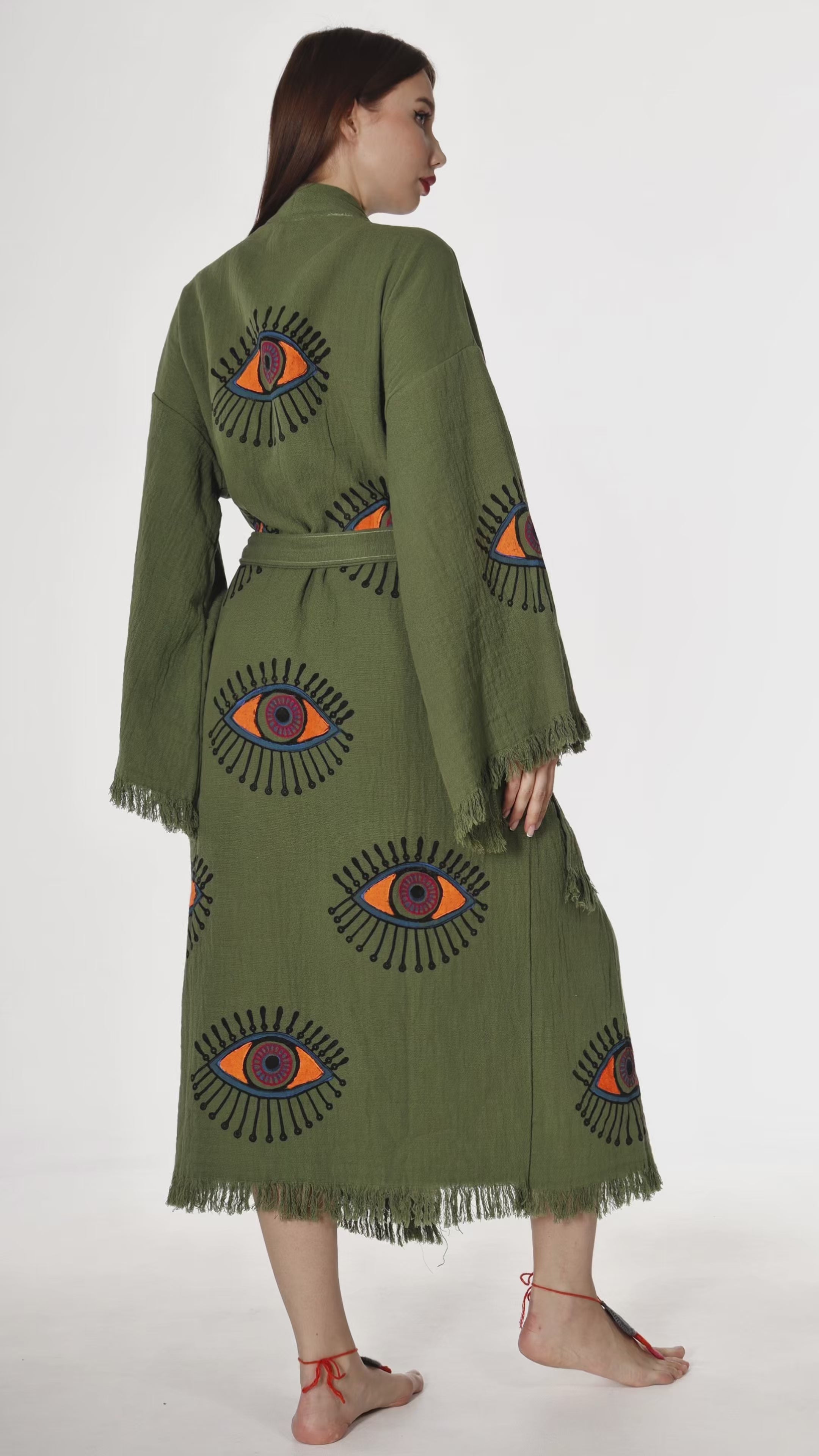 Boho Chic Green Organic Cotton Robe with Evil Eye Print