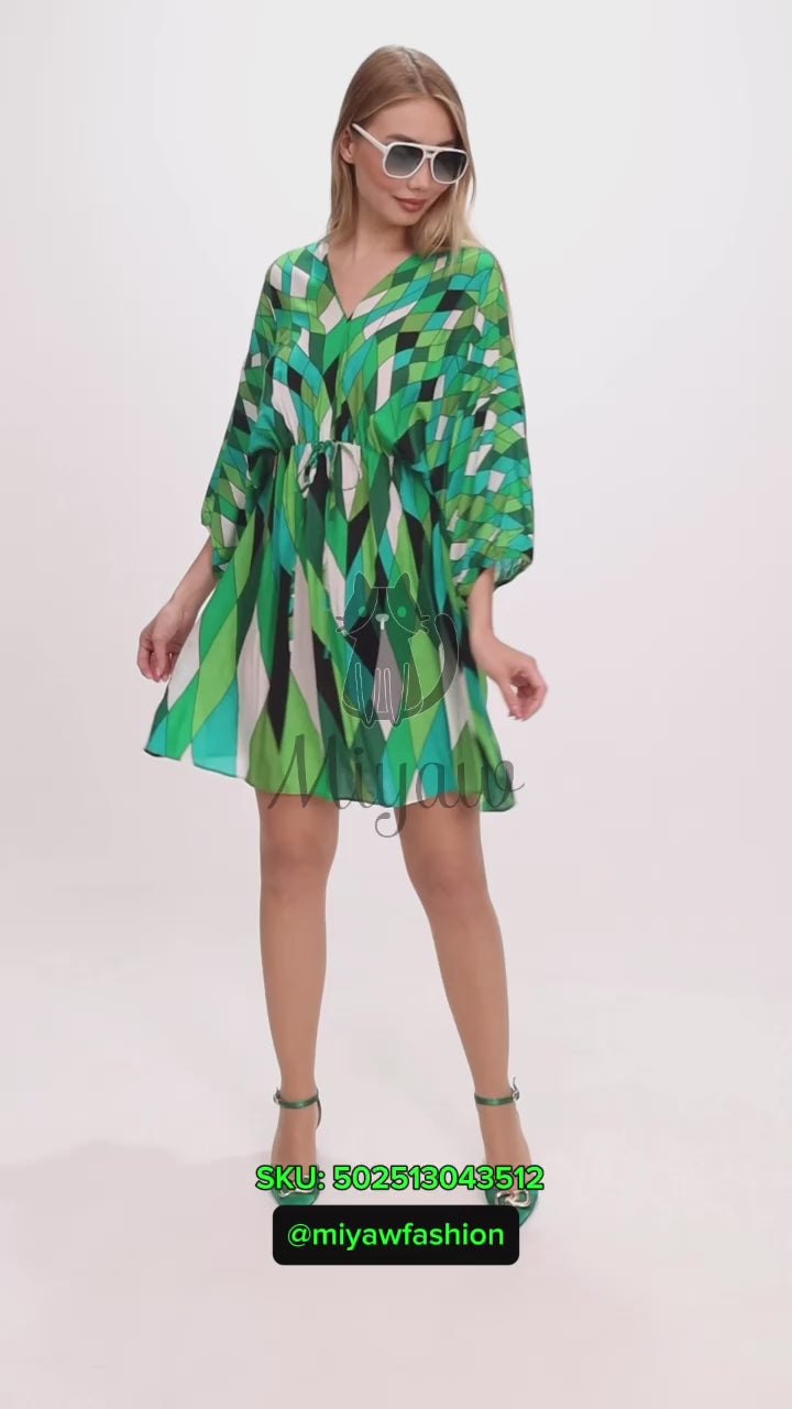 Whimsical V-Neck Mini Dress in Green with Abstract Print, Fairy Style