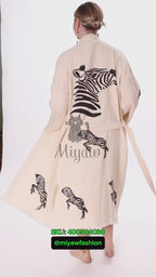 Zebra Stamped Beauty: Handcrafted Long Sleeve Boho Beach Kimono Robe