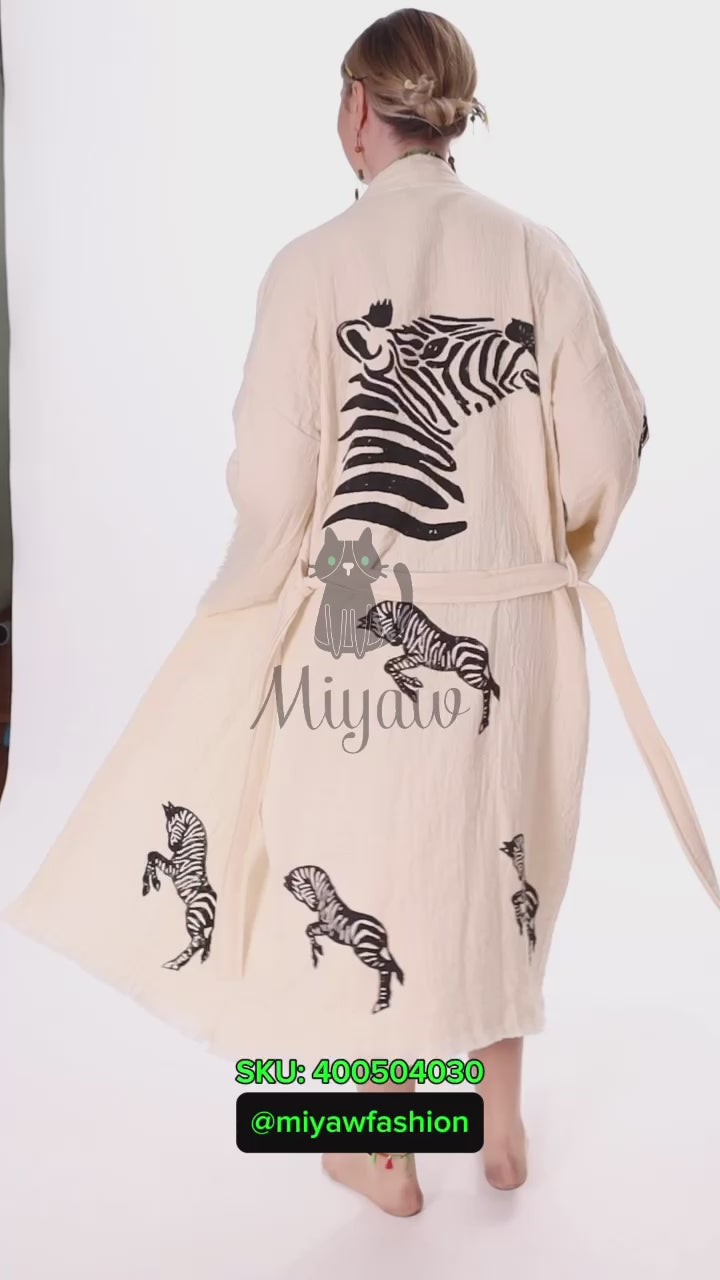 Zebra Stamped Beauty: Handcrafted Long Sleeve Boho Beach Kimono Robe