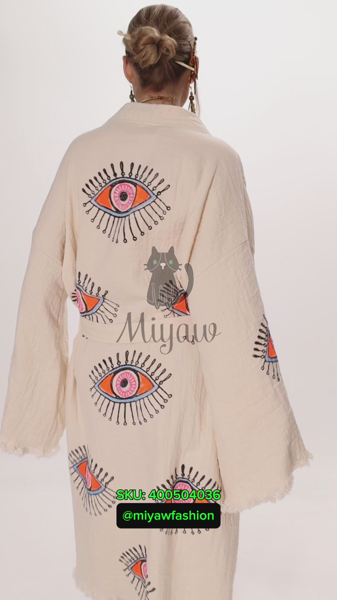 Organic Cotton Boho Beach Kimono Robe with Orange Eye Stamp