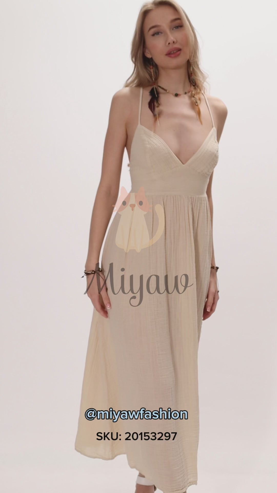 Beige Boho Maxi Dress with Open Back Made From Cotton - Gift for Wife, Girlfriend