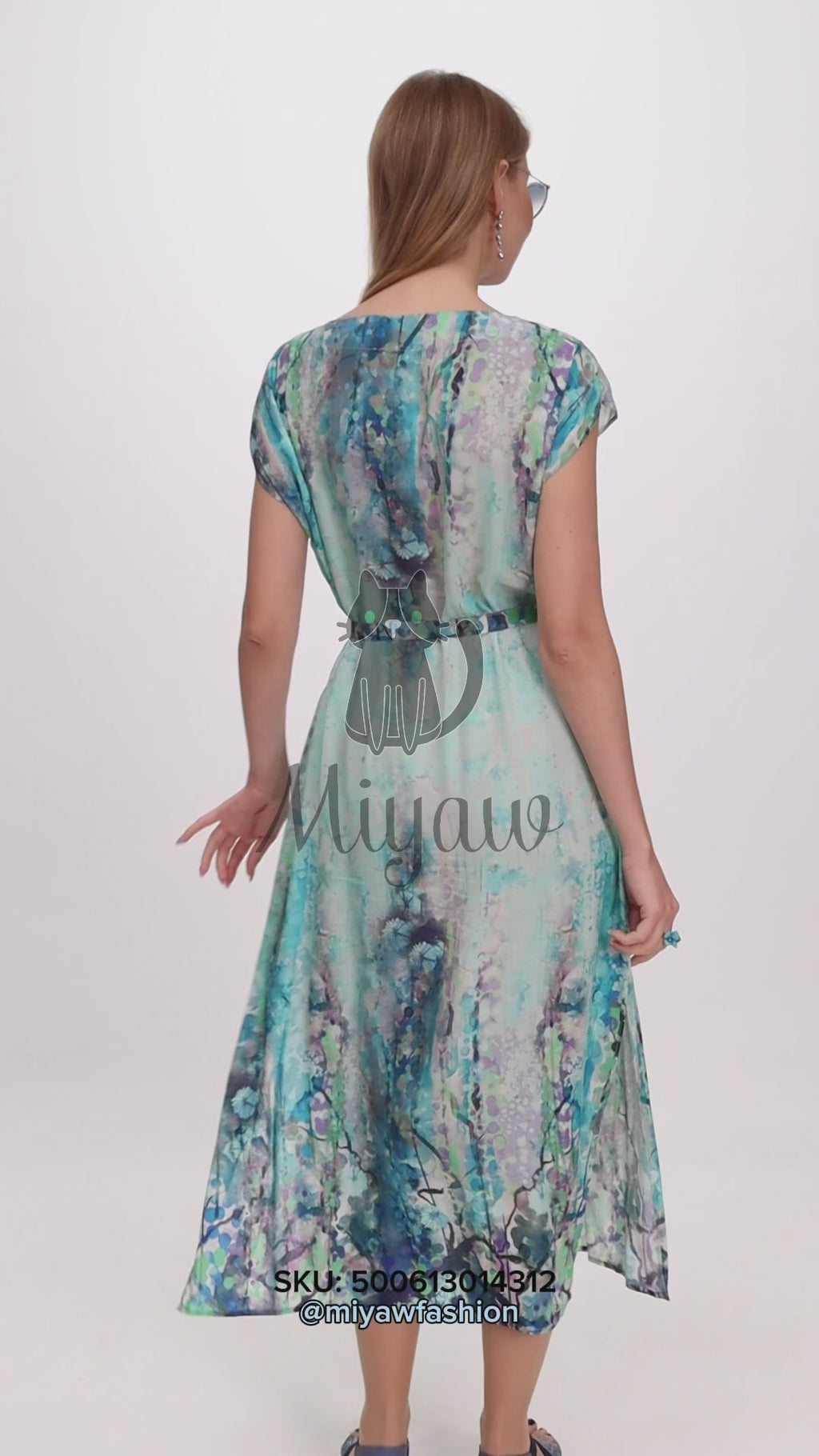 Blue Short Sleeve Maxi Dress - Abstract Print Summer Dress