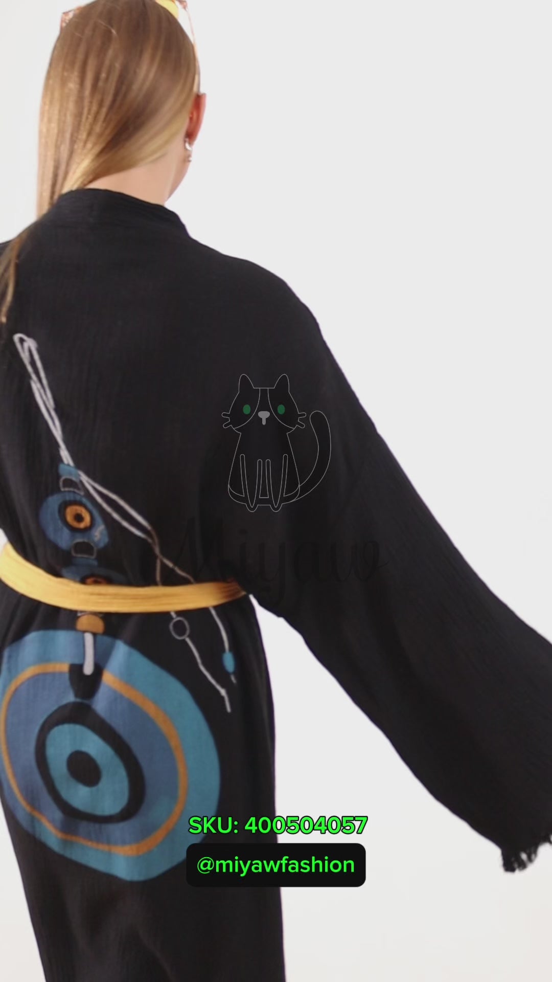 Organic Cotton Long Sleeve Black Caftan, Evil Eye Print On The Back