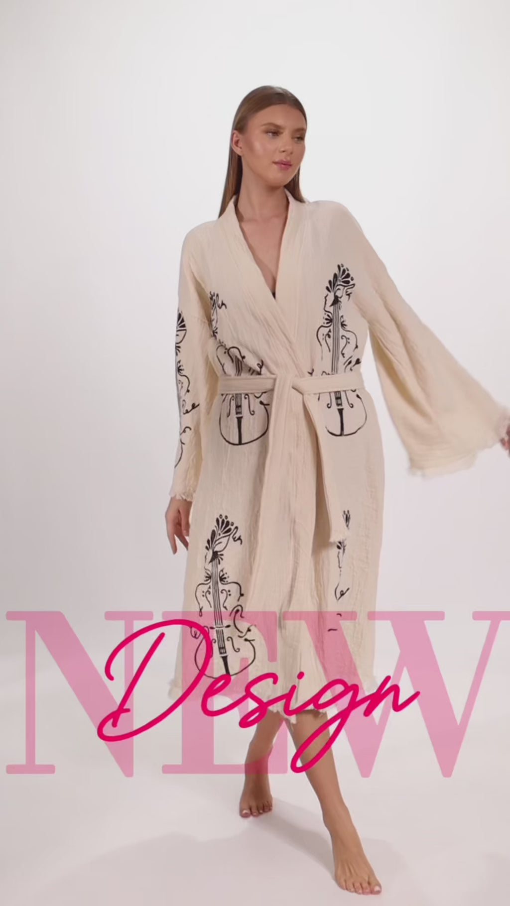 Wholesale Handmade Guitar Stamped Kimono Robe - Boho Bathrobe for Music Lovers