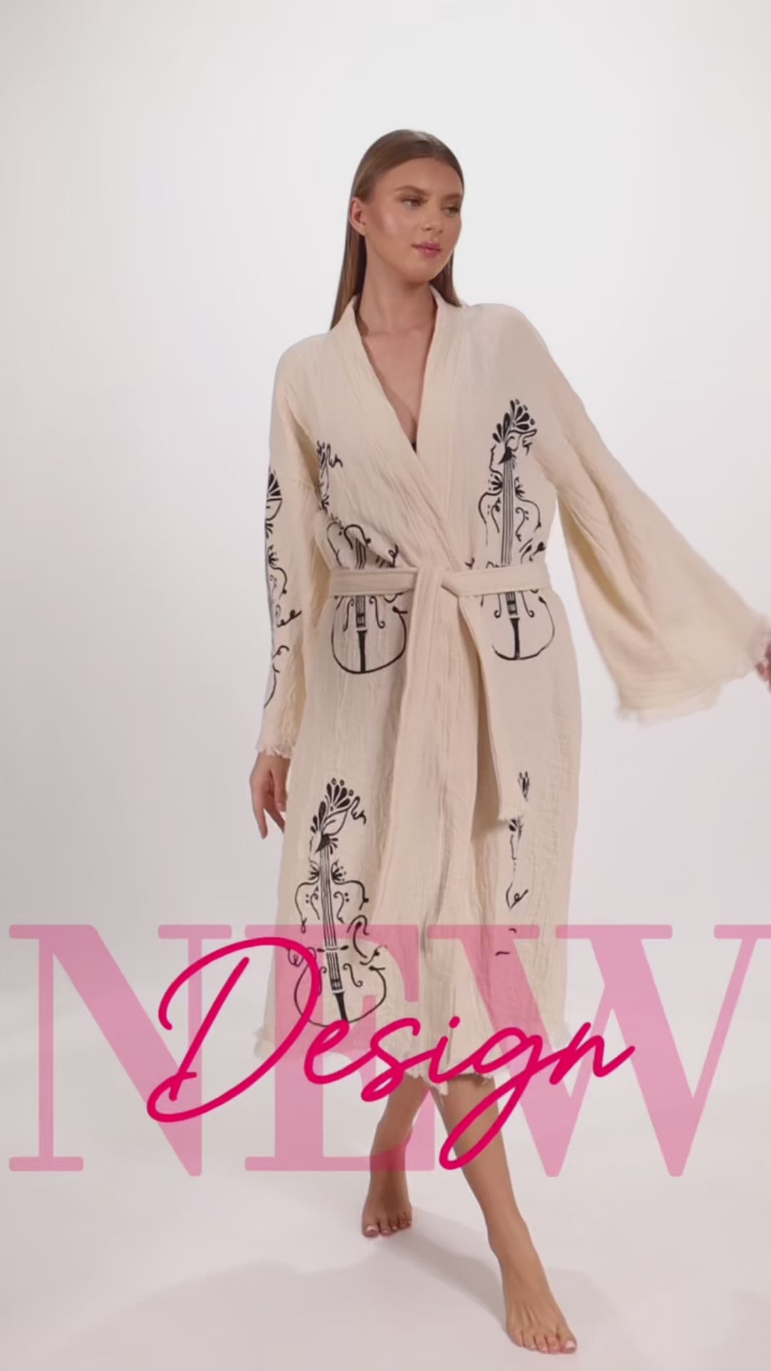 Wholesale Handmade Guitar Stamped Kimono Robe - Boho Bathrobe for Music Lovers