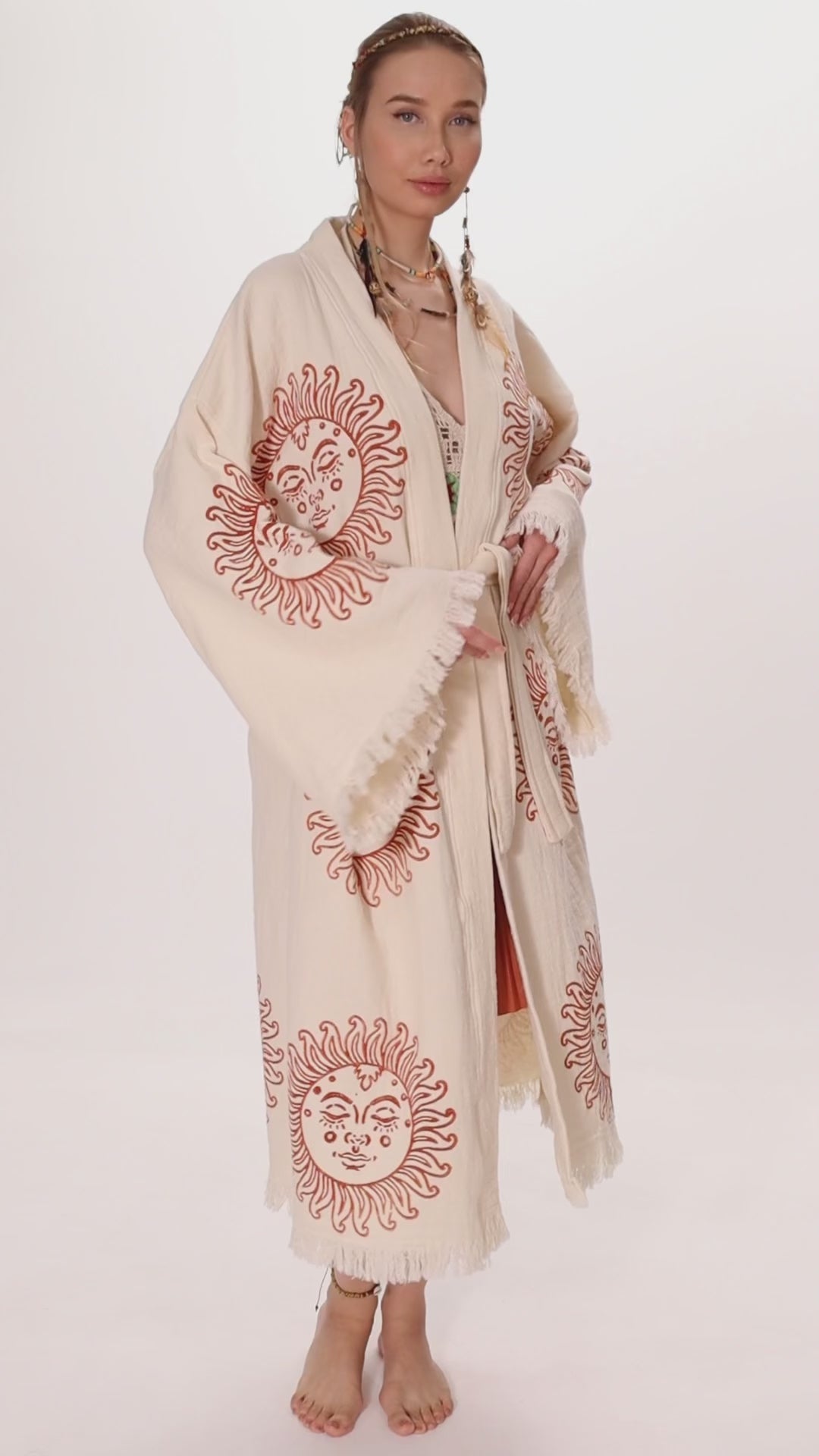 Unique Sun Stamped Robe: Eco-Friendly Organic Cotton Boho Kimono