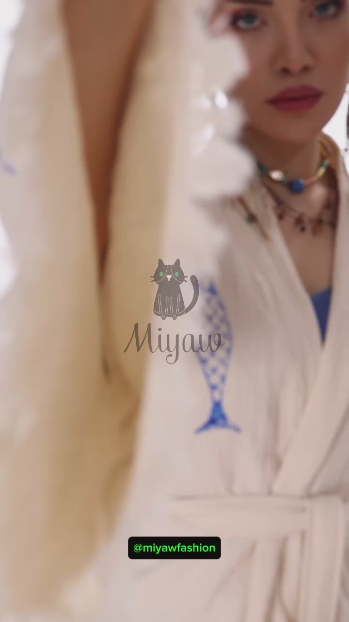 Ocean-Inspired Boho Kimono Cover-Up in Blue Fish Stamp