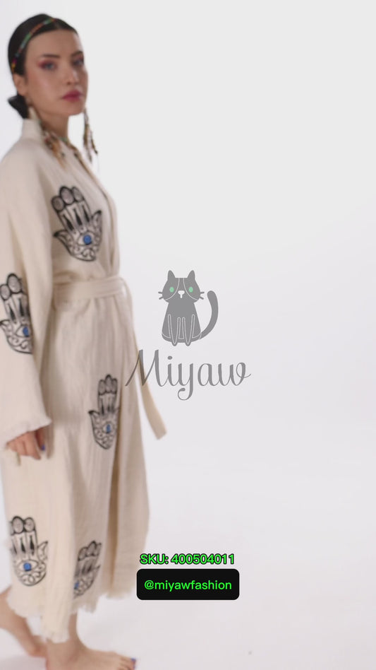 Handcrafted Boho Beach Kimono Bathrobe with Talisman Stamp - Miyawfashion