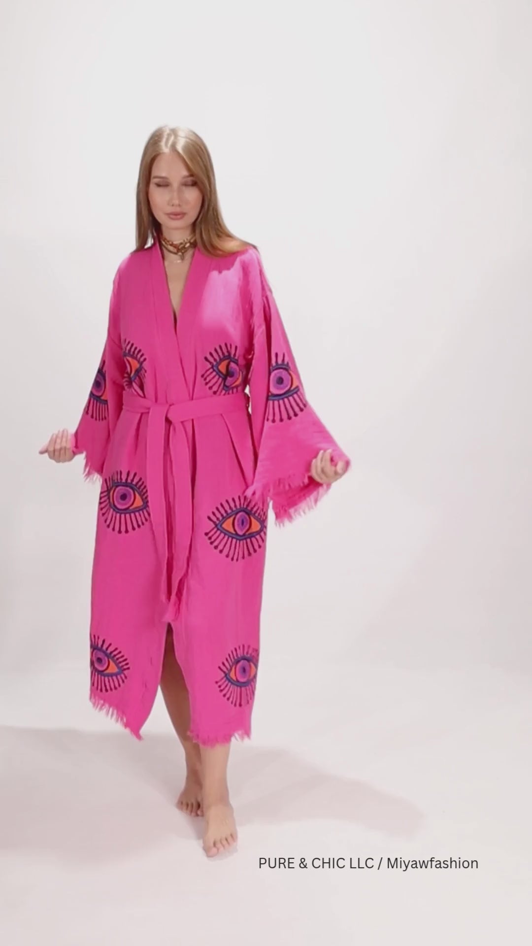 Pink Evil Eye Cotton Bathrobe – Boho Protective Kimono Robe