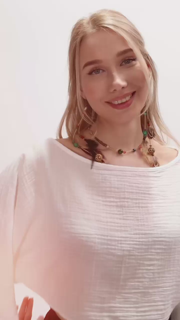 Boho Crop Top With Long Sleeve Boat Neck | Cotton Boho Tops For Women