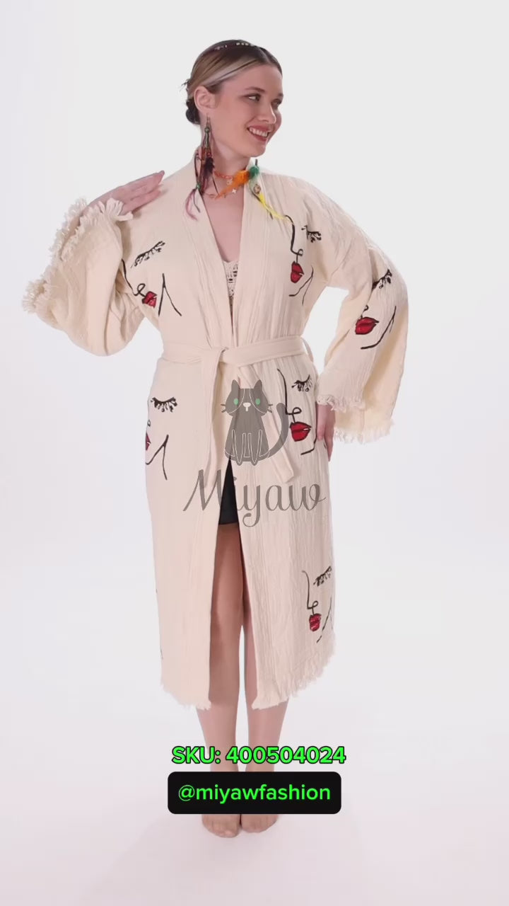 Organic Cotton Beach Kimono Robe with Handcrafted Woman's Face Stamp