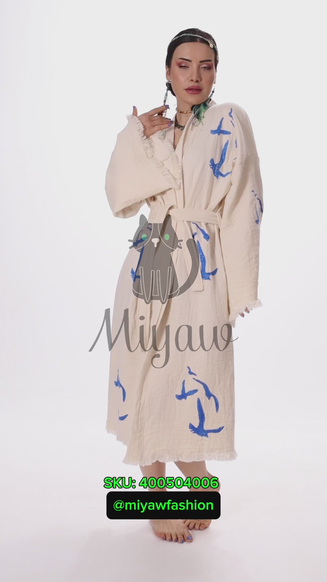 Handcrafted Seagull Print Kimono Robe in Organic Cotton - Bohemian Beach Cover Up