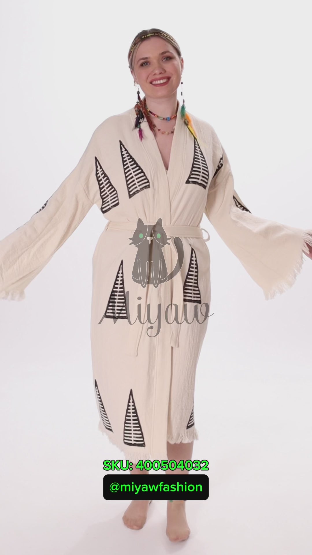 Handcrafted Organic Cotton Boho Beach Kimono Robe with Pyramid Stamp