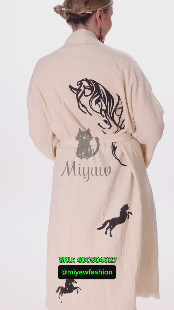 Organic Cotton Boho Beach Kimono Robe | Black Horse Stamp Design