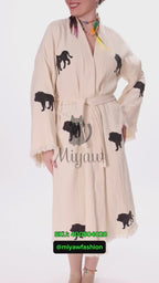 Boho Lion Stamped Beach Kimono Robe - Handcrafted Bohemian Cover-Up
