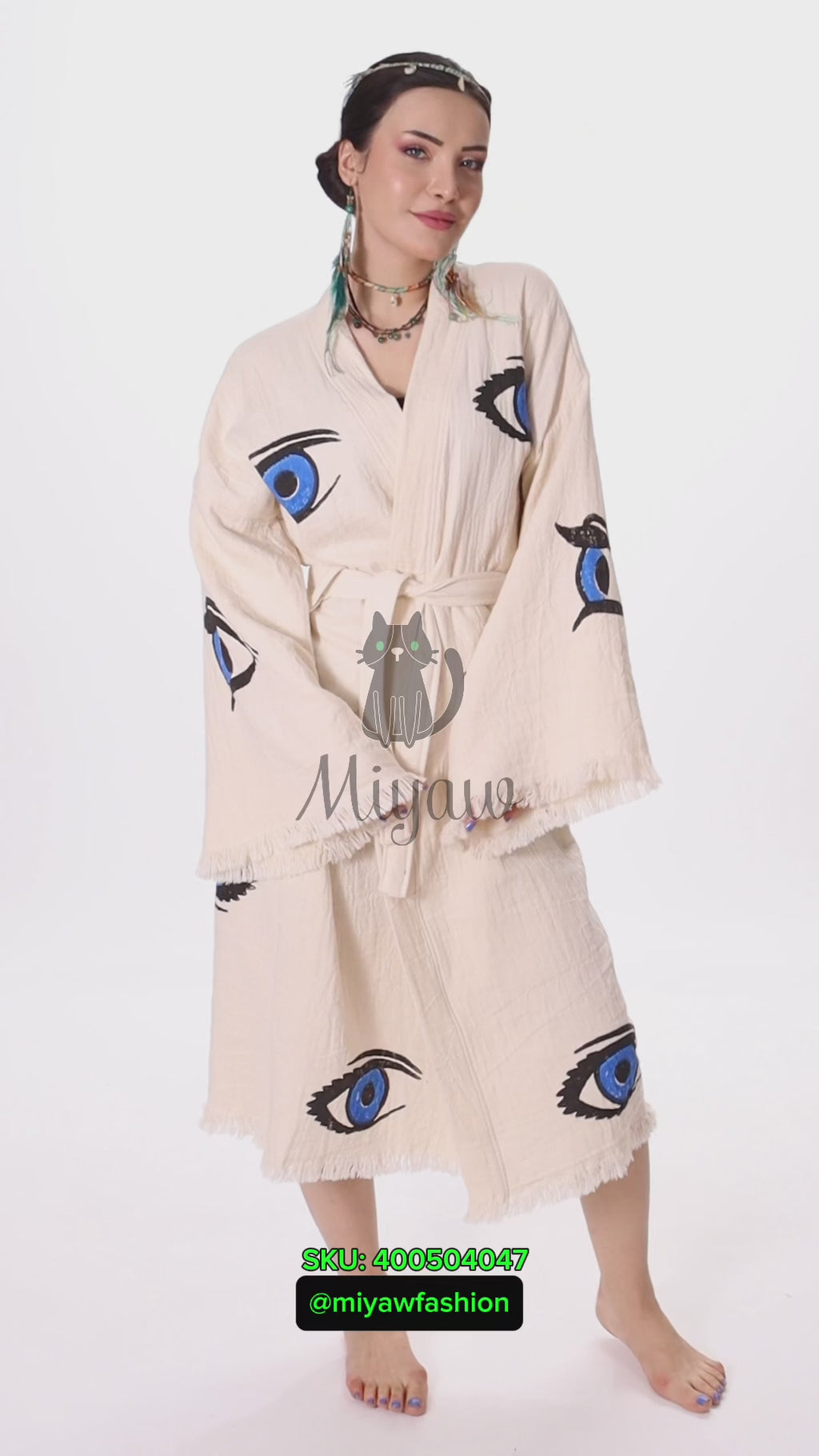 Organic Cotton Beach Kimono Robe with Handmade Blue Eye Stamp - Boho Chic Cover-Up