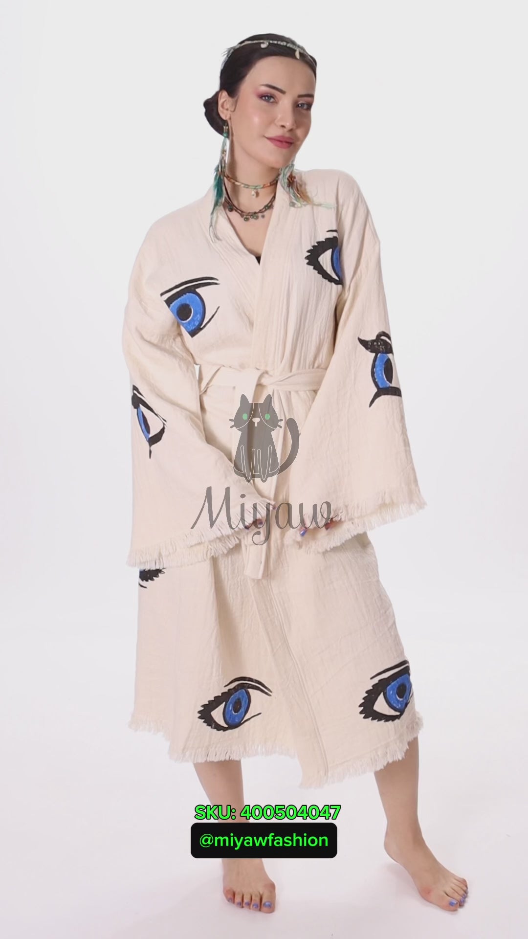 Organic Cotton Beach Kimono Robe with Handmade Blue Eye Stamp - Boho Chic Cover-Up