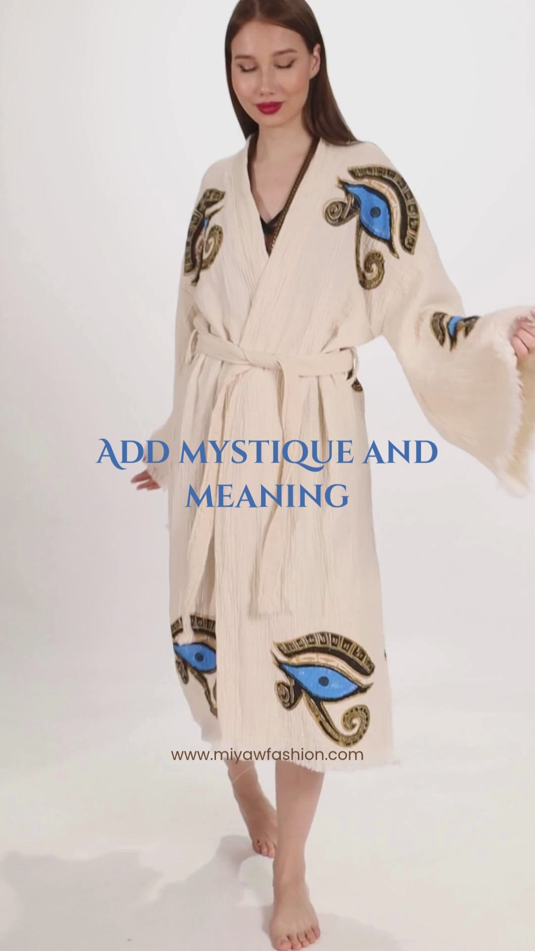 Handcrafted Eye of Horus Kimono Robe – Organic Cotton Boho Style in Beige