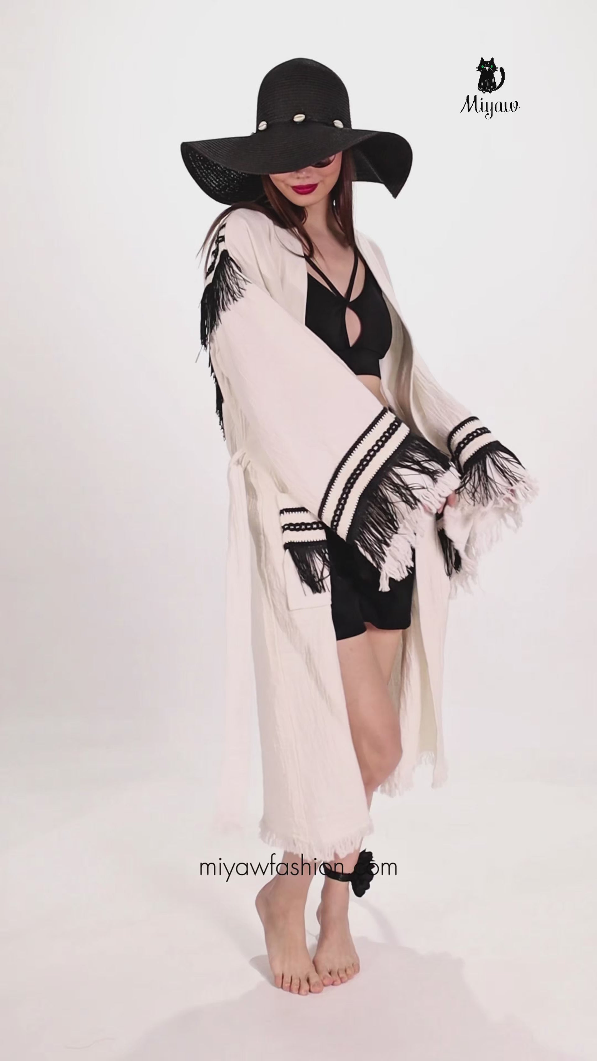 White Kimono Robe with Black Fringe – Boho Western Style