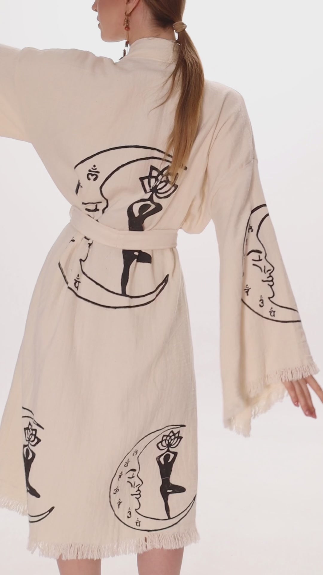 Boho Cotton Kimono Robe – Yoga Girl & Moon Stamp, Organic Loungewear