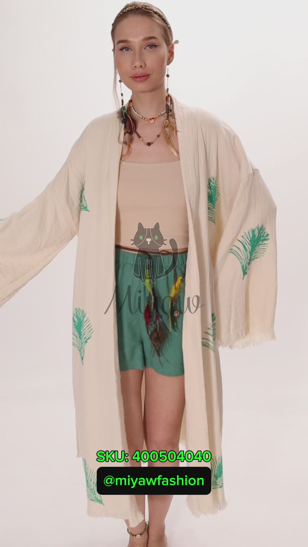Organic Cotton Boho Kimono Bathrobe | Handstamped Feather Design