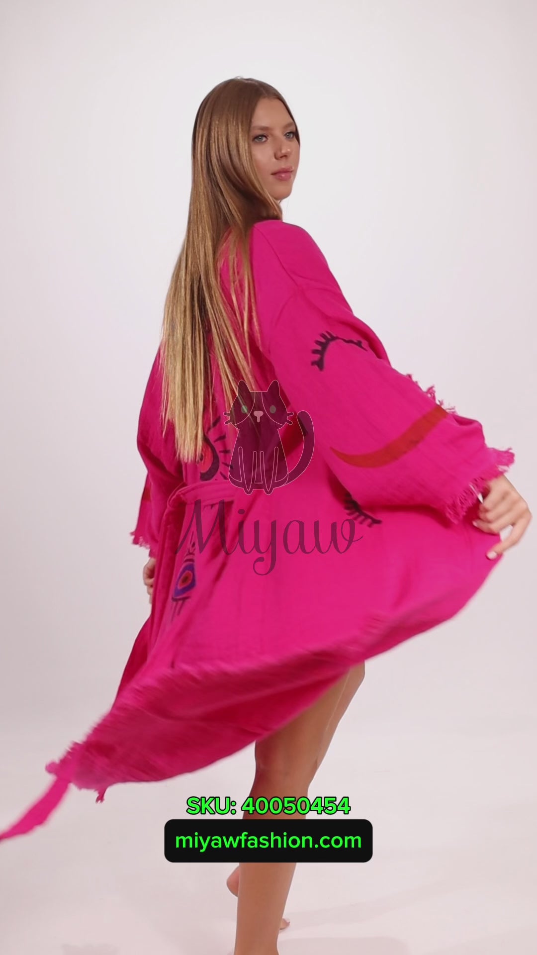 Handmade Fuchsia Long Sleeve Women's Robe for Home & Beach Comfort