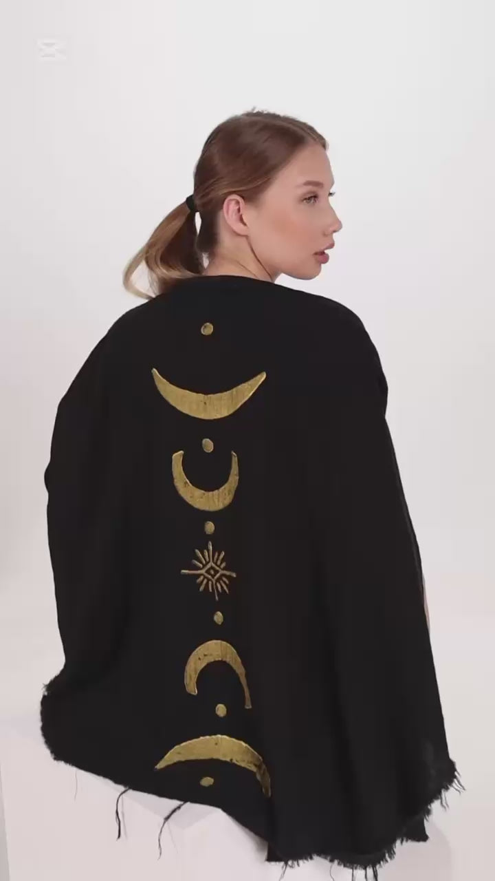 Black Silver Moon Phase Cotton Beach Cover Up Poncho