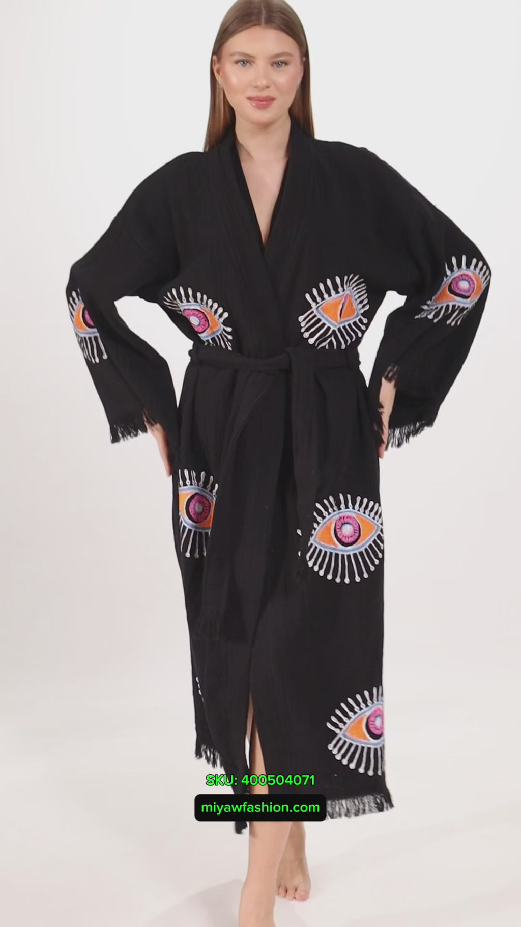Handmade Evil Eye Stamped Kimono Robe in Black
