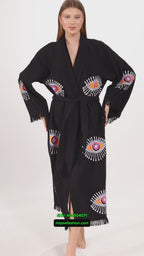 Handmade Evil Eye Stamped Kimono Robe in Black