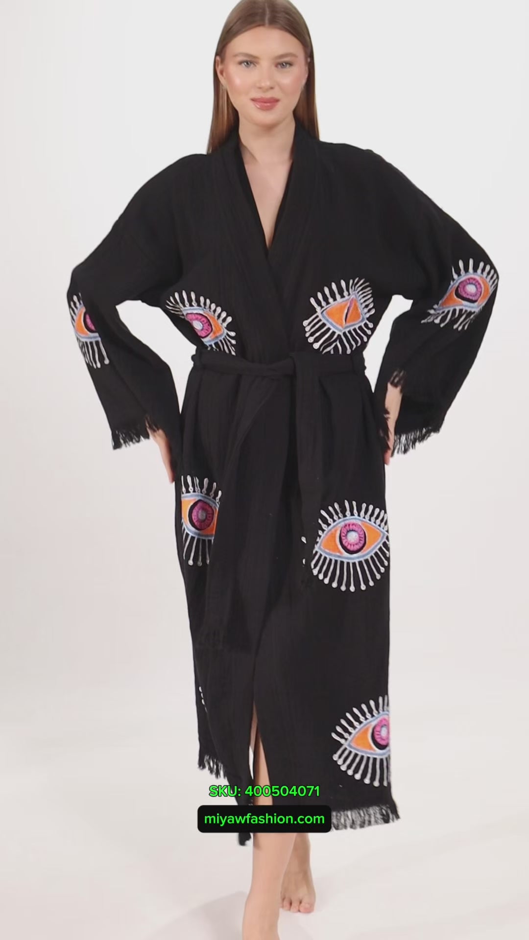 Handmade Evil Eye Stamped Kimono Robe in Black