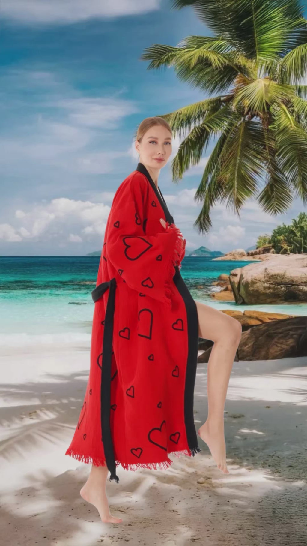 Handcrafted Red Valentine's Day Kimono Robe with Heart Design - Wholesale Ready