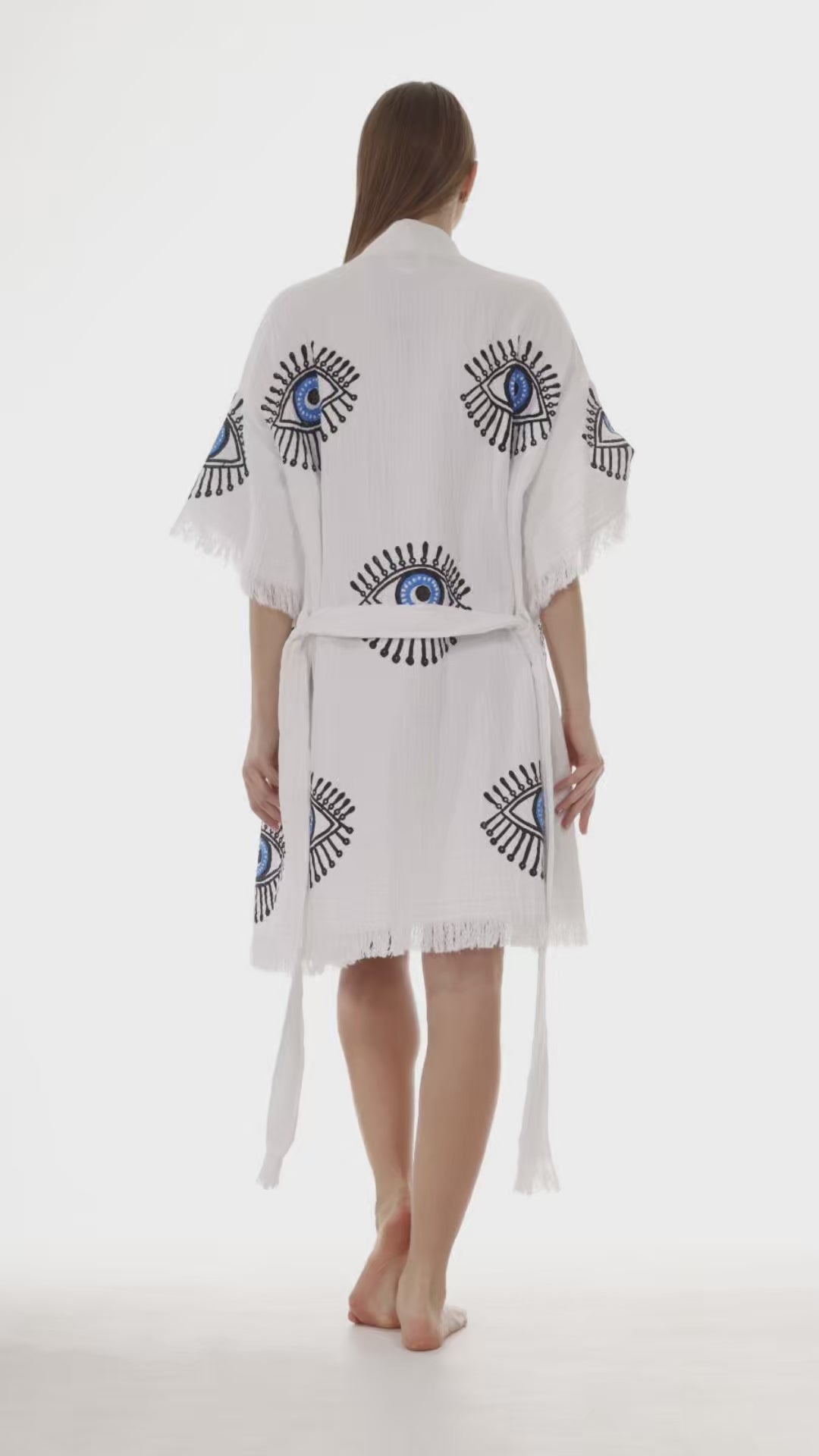 Cotton Short Sleeve Handmade Evil Eye Kimono Robe in White