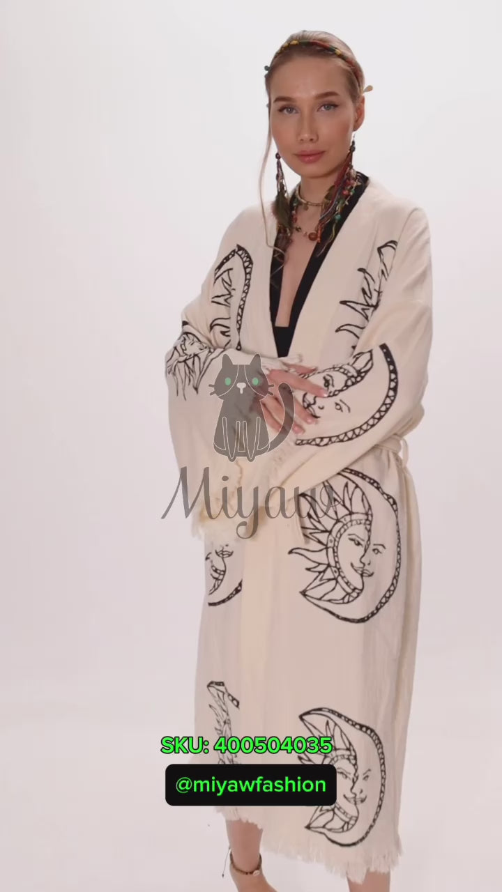 Boho Moon and Sun Print Organic Cotton Kimono Robe for Beach Days