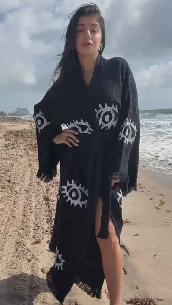 Black Evil Eye Cotton Kimono Robe | Spa & Beach