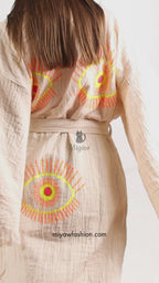 Beige Evil Eye Kimono Robe – Organic Cotton Boho Style