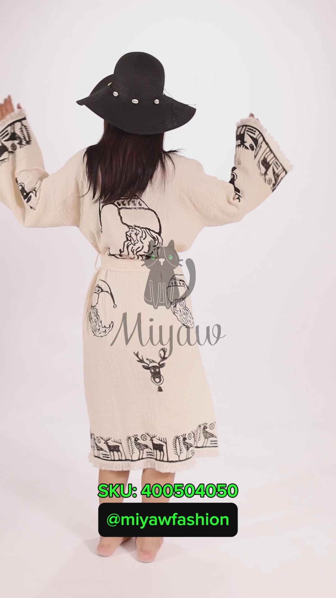 Handmade Santa Claus Print Beach Kimono Robe - Boho Christmas Tree Stamp - Unique Gift Idea