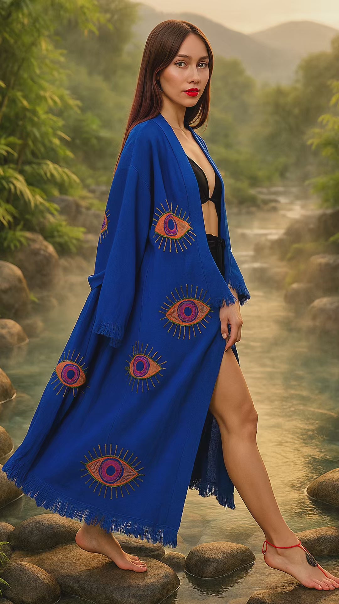 Handmade Blue Protective-eye Kimono Robe for Resort