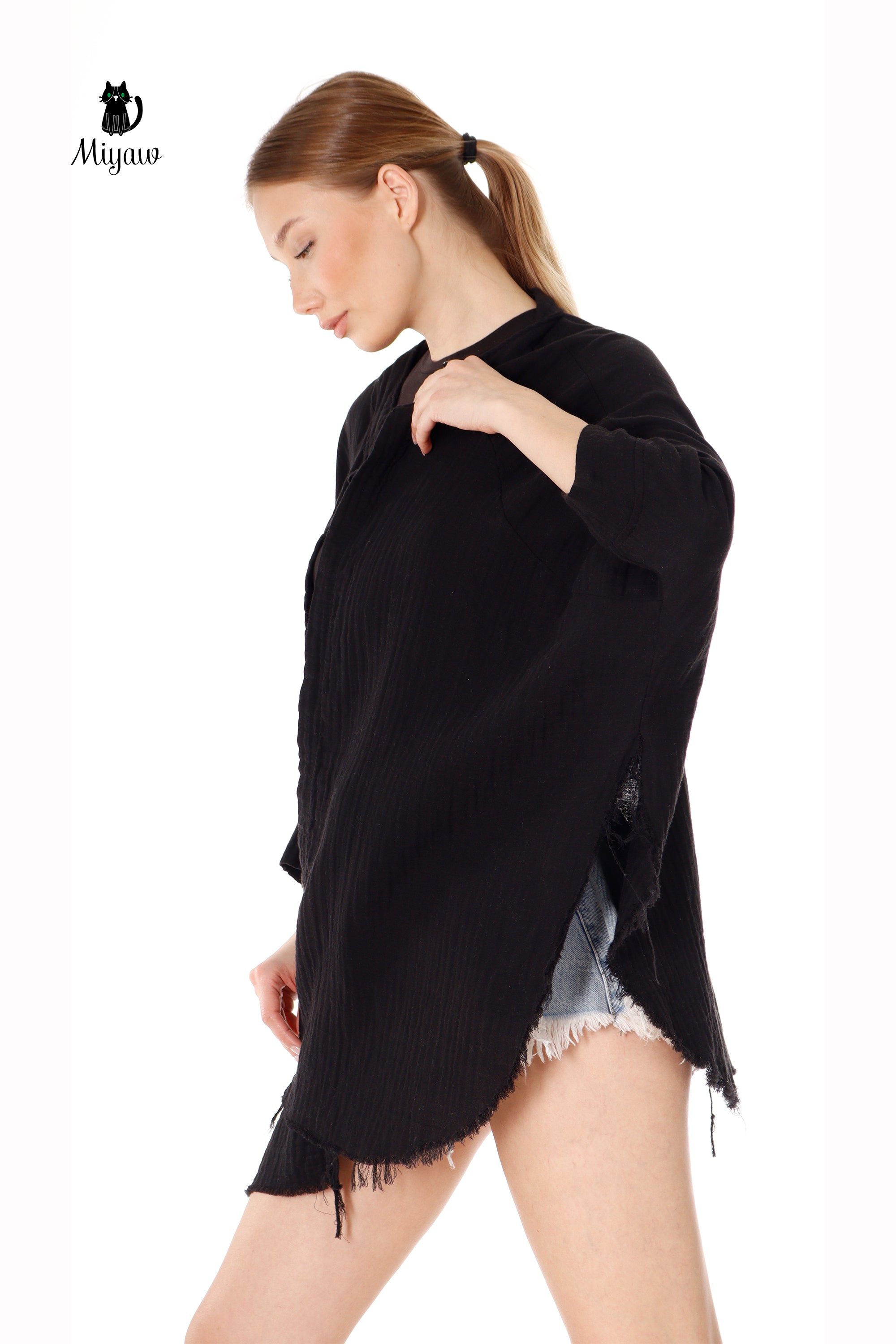 Black Silver Moon Phase Cotton Beach Cover Up Poncho