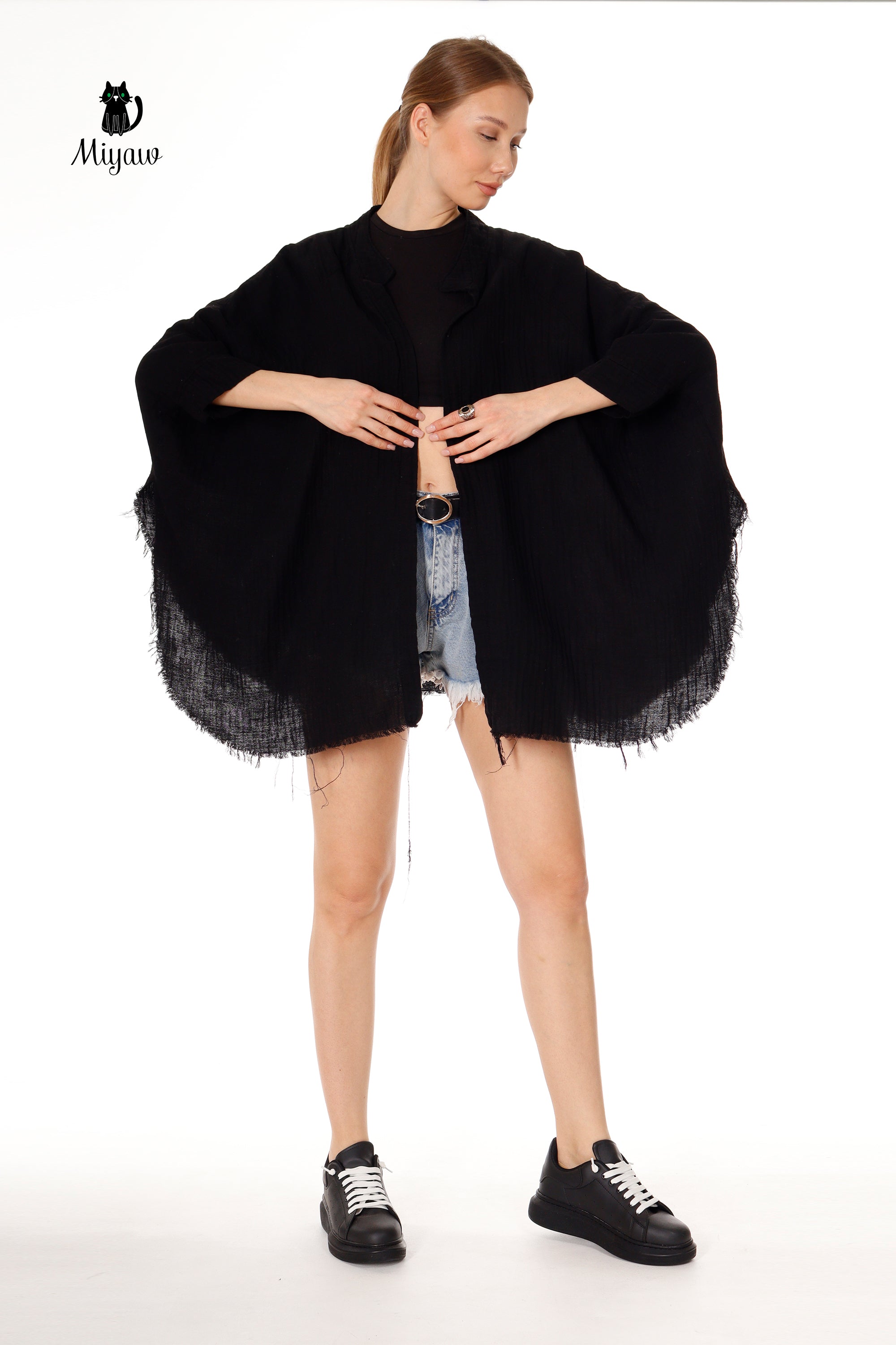 Black Silver Moon Phase Cotton Beach Cover Up Poncho